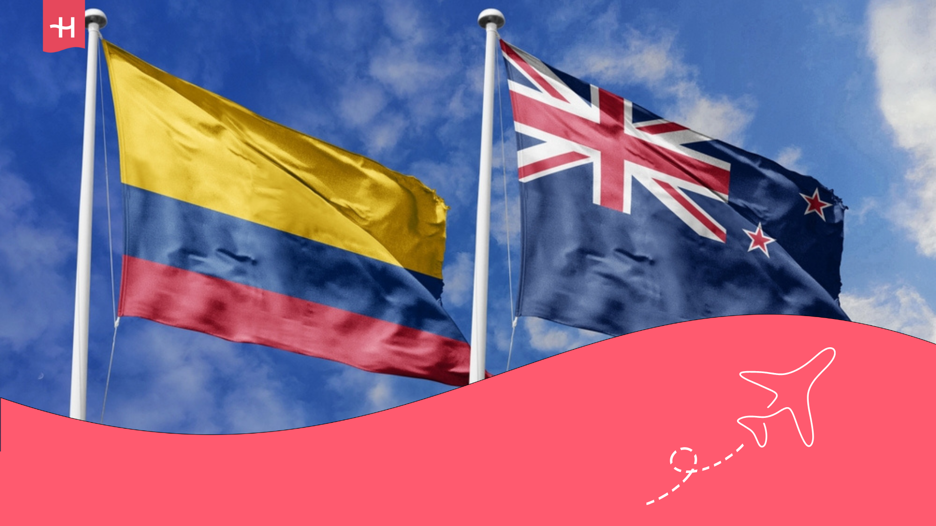 Visas Working Holiday Nueva Zelanda para colombianos. en la imagen las banderas de ambos países.