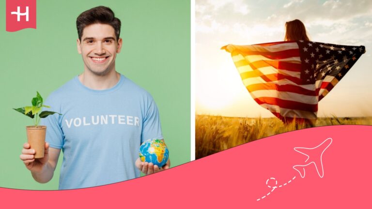 Chica con bandera de Estados Unidos y chico con una camiseta de voluntario y una planta en la mano y en la otra el globo del mundo.
