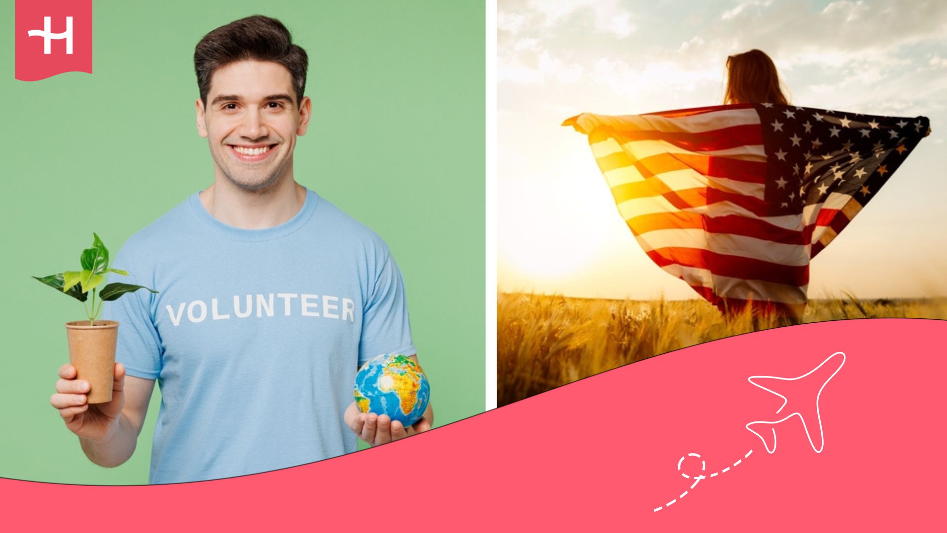 Chica con bandera de Estados Unidos y chico con una camiseta de voluntario y una planta en la mano y en la otra el globo del mundo.