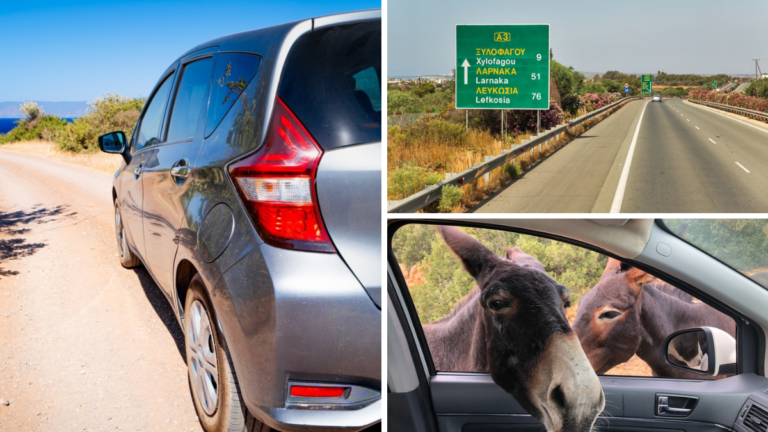 Vehículos, señales de tránsito y burros que suelen estar en las vías de Chipre.