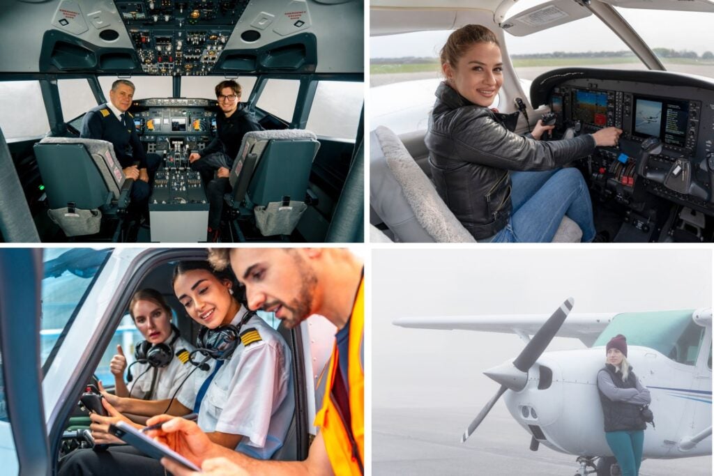 Diferentes personas subidas a un avión como pilotos