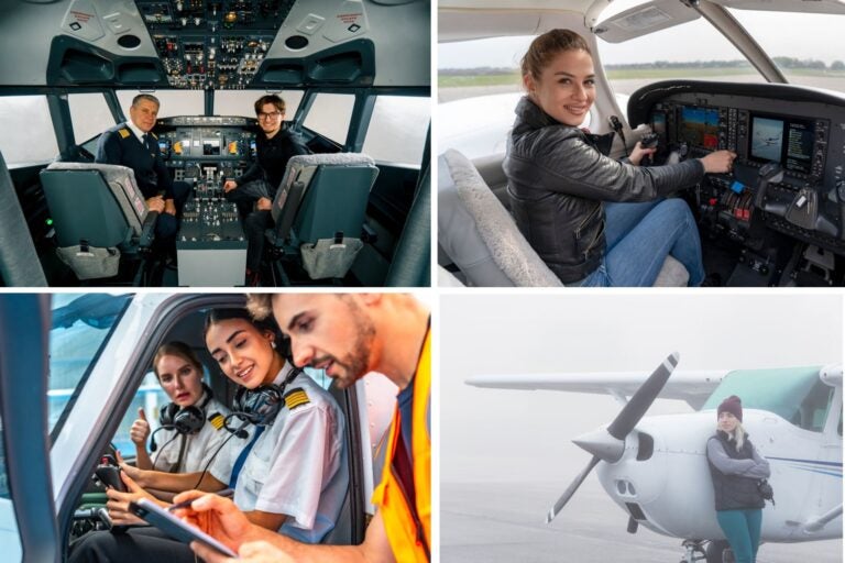 Diferentes personas subidas a un avión como pilotos