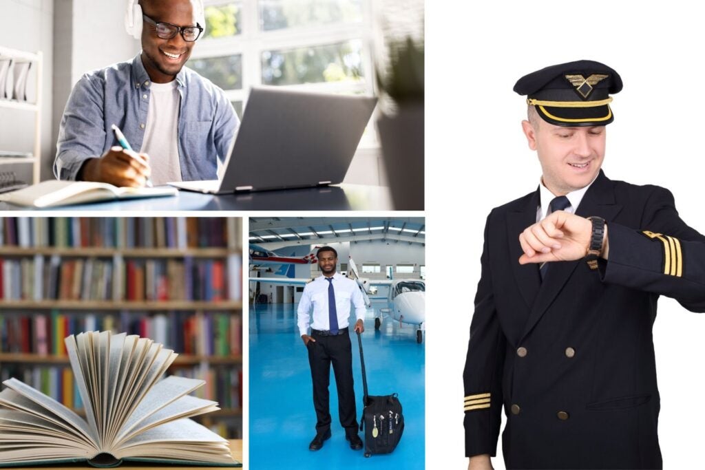 Piloto de avión viendo su reloj, piloto con maleta, un libro y un piloto estudiando online