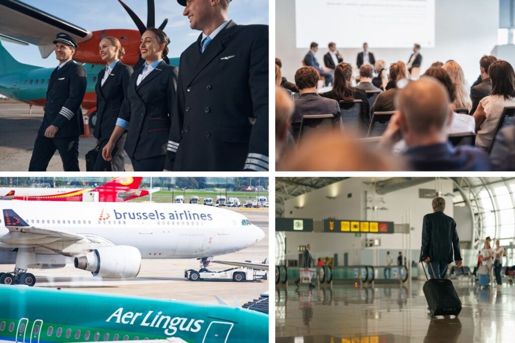 Avión, pilotos y gente en una conferencia.
