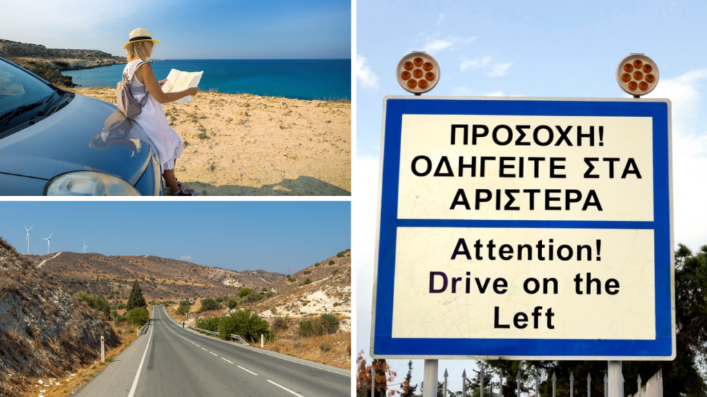 Señales de tránsito en griego e inglés y vías de Chipre.