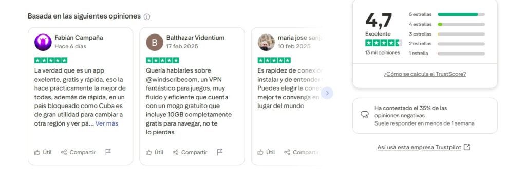Windscribe VPN: opiniones de usuarios en Trustpilot