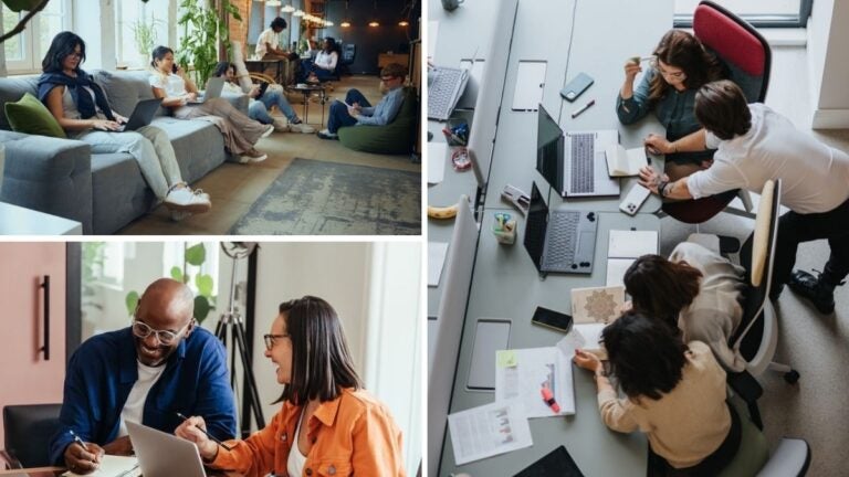 Trabajadores remotos haciendo uso de diferentes espacios en un coworking de Marbella, España.