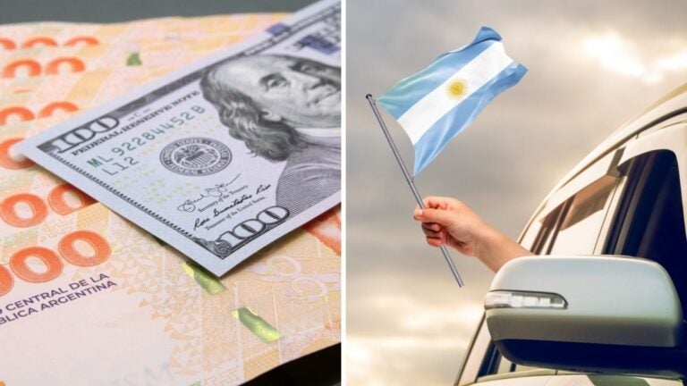 Billetes de 100 dólares de la nueva serie y una persona conduciendo en Argentina.