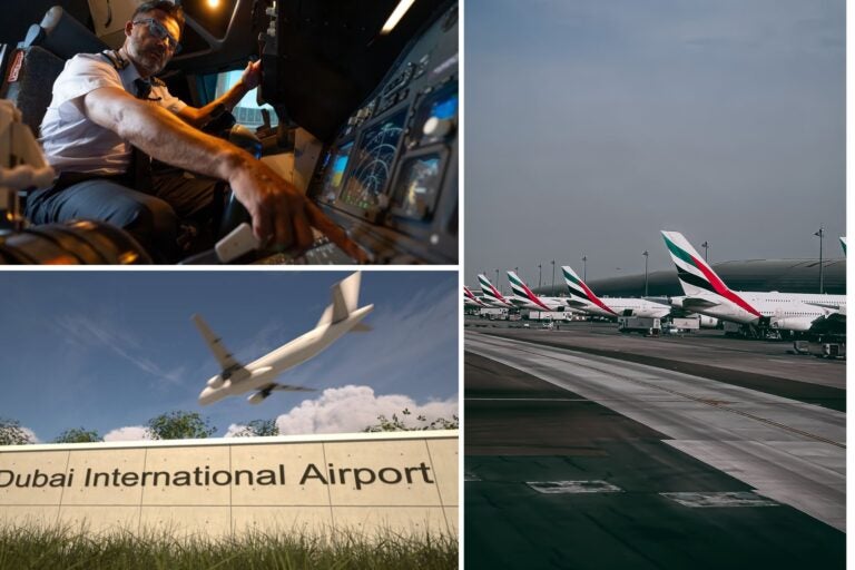 Aeropuerto de Dubái, aviones y piloto de avión en cabina