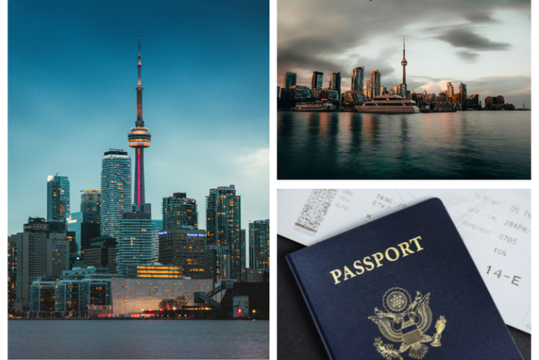 Skyline de Toronto en Canadá junto a pasaporte y documentos de viaje, relacionado con los requisitos para viajar a Canadá