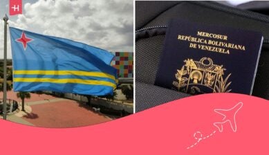 Bandera de Aruba y pasaporte venezolano.