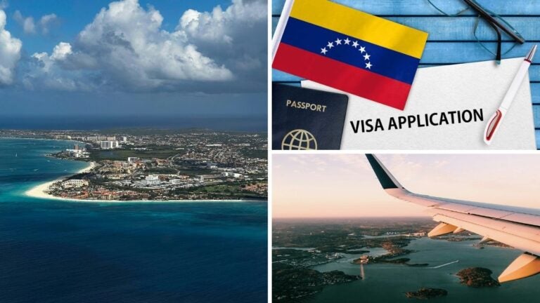 Oranjestad, capital de Aruba, pasaporte y formulario de visa con bandera venezolana.