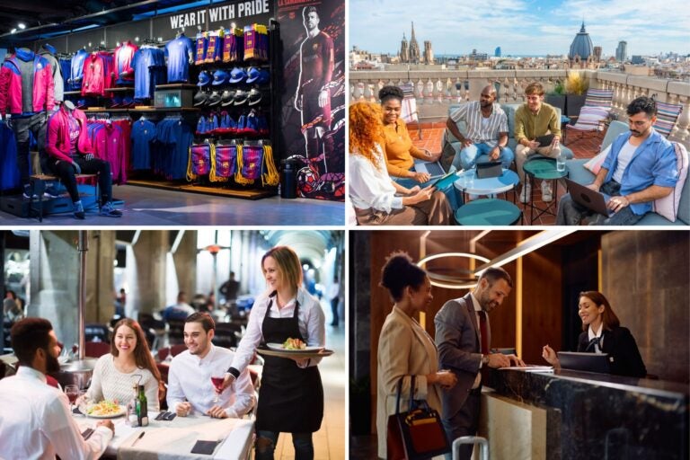 Tienda de Barcelona, grupo nómadas en una terraza en Barcelona, una recepcionista de hotel y una camarera atendiendo en un restaurante.