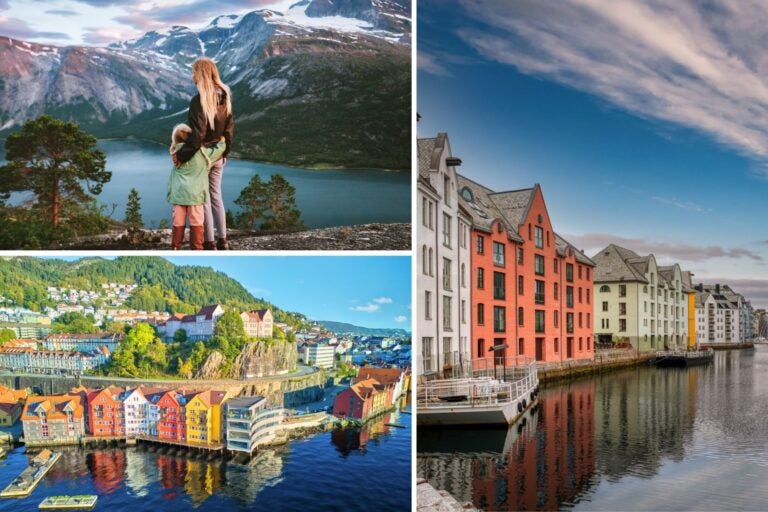 Una madre y su hija observando un paisaje de Noruega y varias ciudades con casas sobre un lago.