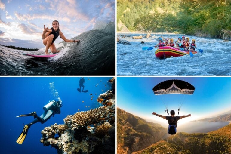 Deportes de aventura: chica haciendo surf, personas haciendo rafting, chico en parapente y dos buceadores