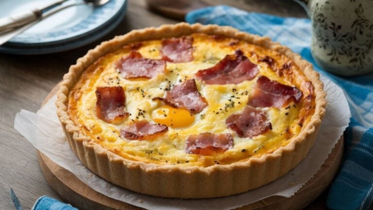 Quiche lorraine con lardones y masa quebrada recién horneada