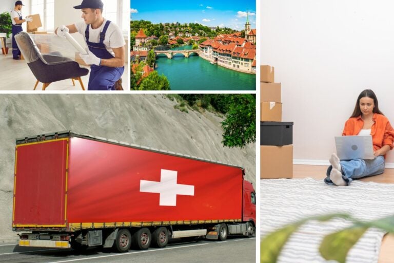 Camión de mudanza hacia Suiza y chica con cajas teletrabajando