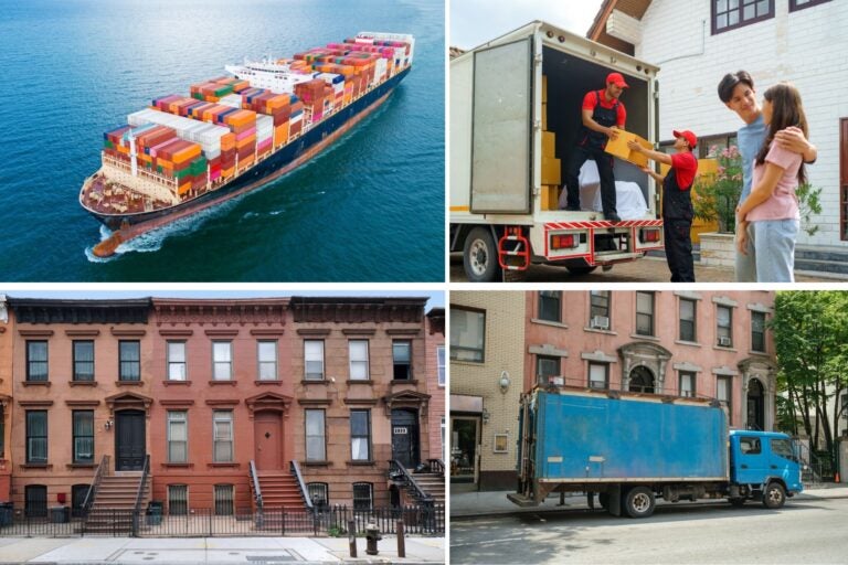 Carga marítima en barco, empresa de transporte cargando cajas y un camión en una residencia de Estados Unidos