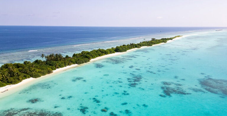 Isla de Dhigurah en las Maldivas, famosa por su larga playa de arena blanca bordeada de palmeras en el atolón de Ari sur