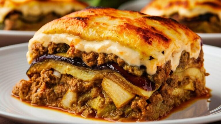 La moussaka es un pastel horneado con capas de berenjena tierna. La receta tradicional griega se compone de una base de patatas (en muchas versiones modernas), una capa de berenjenas, un guiso de carne picada de cordero o ternera cocinado a fuego lento con tomate y especias, y una cobertura final de salsa bechamel cremosa y queso gratinado.