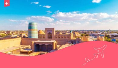 Vue aérienne d'Ichan-Kala, le centre ville de Khiva, depuis le mur de l'ancienne forteresse en Ouzbékistan