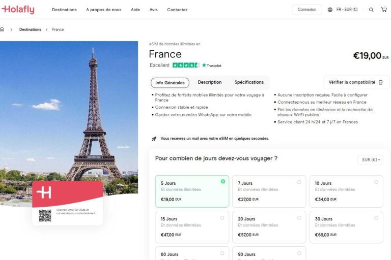 capture ecran boutique holafly esim france