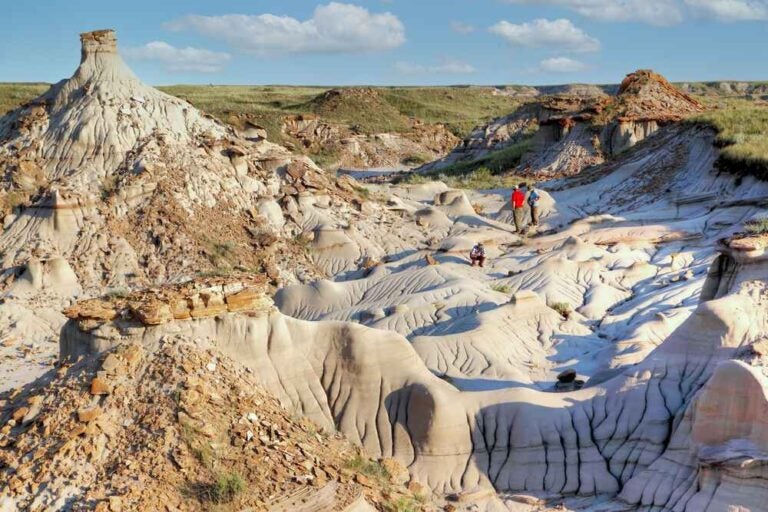 Voyageurs explorant le parc provincial Dinosaur en Alberta, au Canada, site classé au patrimoine mondial de l'UNESCO