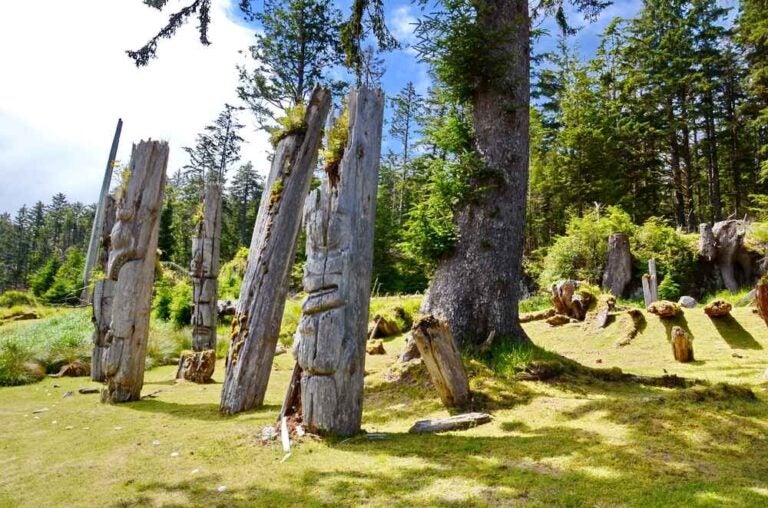 Totems historiques dans le site Sgang Gwaay dans l'archipel Haida Gwaii en Colombie-Britannique au Canada