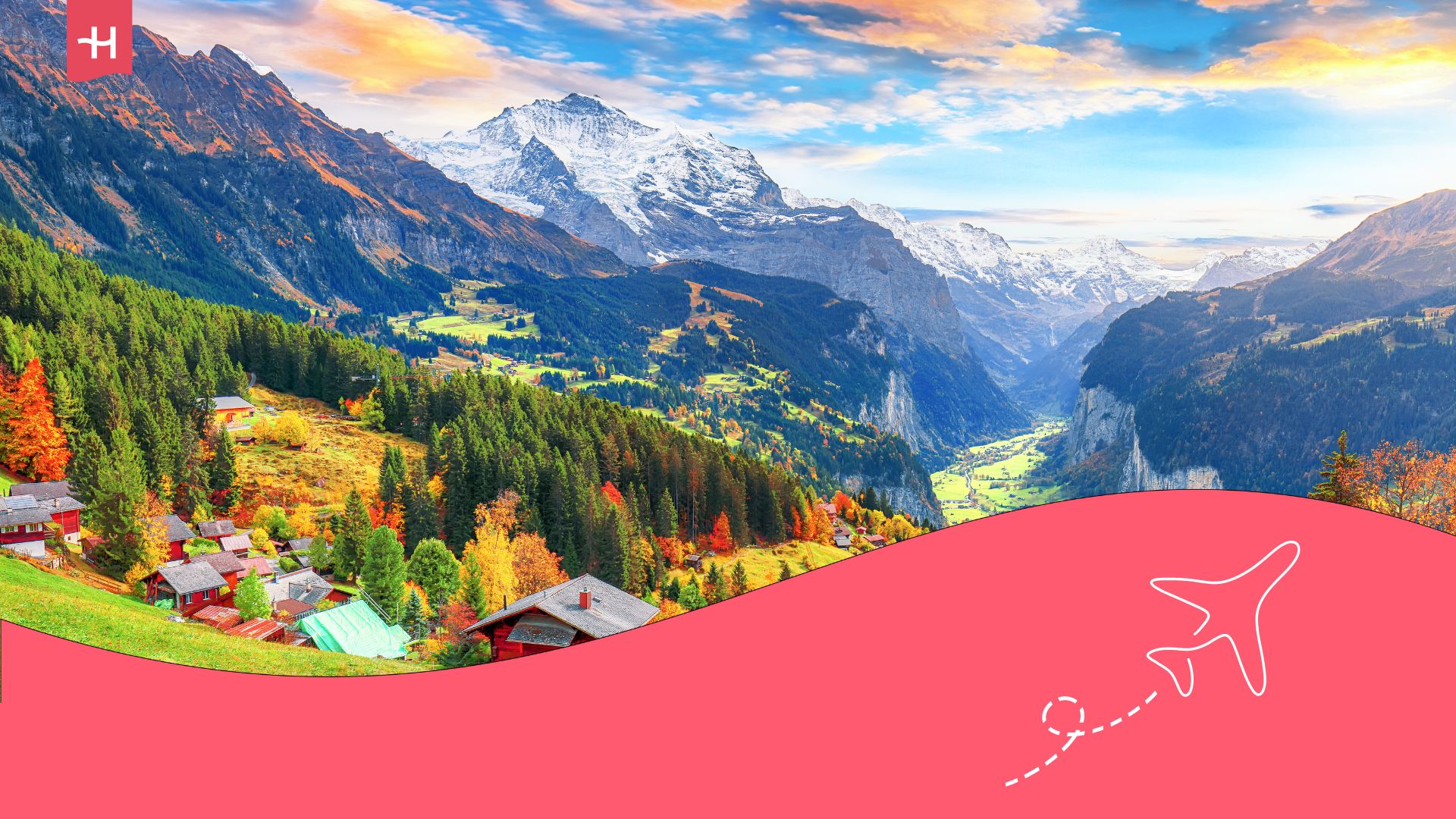 Vue en automne du pittoresque village alpin de Wengen et de la vallée de Lauterbrunnen avec la Jungfrau en arrière-plan. Lieu : Village de Wengen, Oberland bernois, Suisse,.