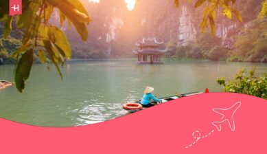 Paysage pittoresque de Ninh Binh, Vietnam (Tam Coc). Idéal à photographier et partager grâce à une carte sim Vietnam.