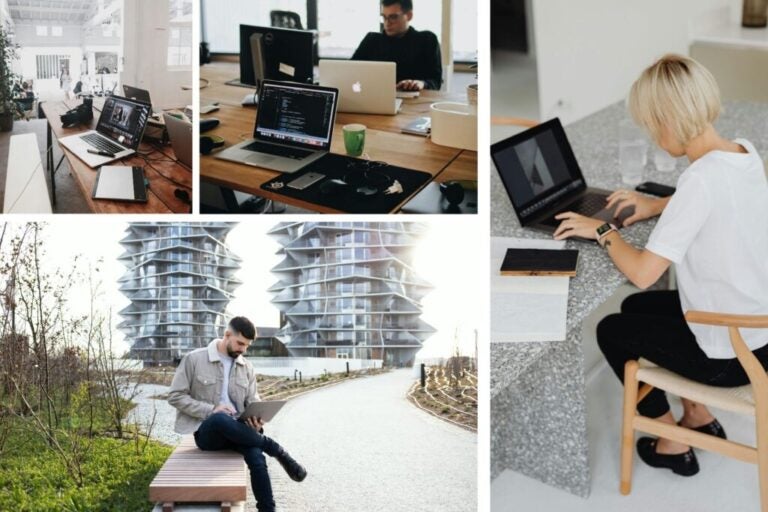 Une femme et deux hommes télétravaillent dans des colivings de Copenhague, à l’intérieur comme à l’extérieur.