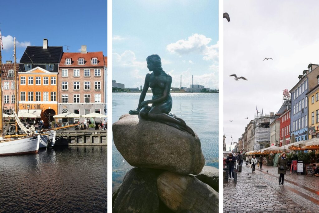 Quartiers touristiques de Copenhague : maisons colorées et statue de la Petite Sirène.