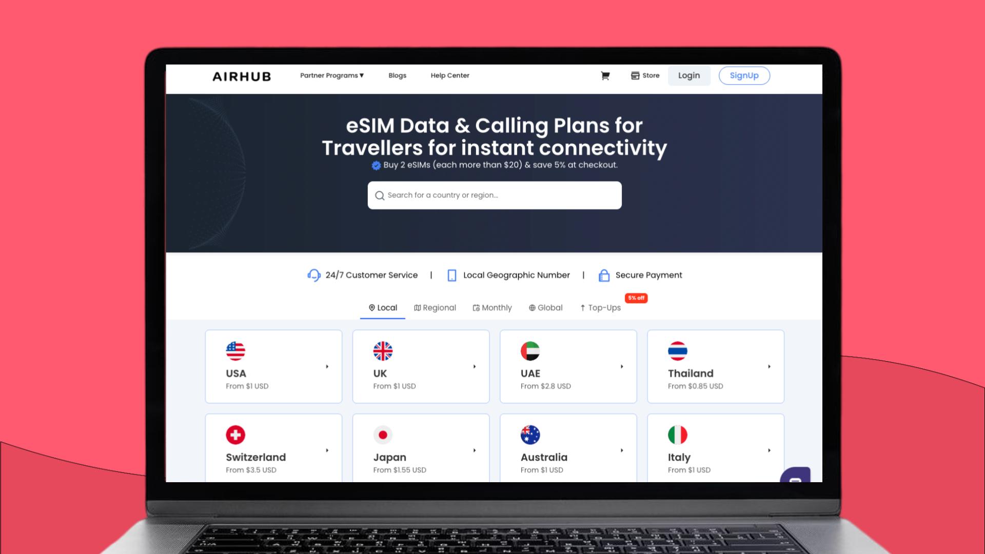 Page d'accueil du site de Airhub fournisseur d'eSIM