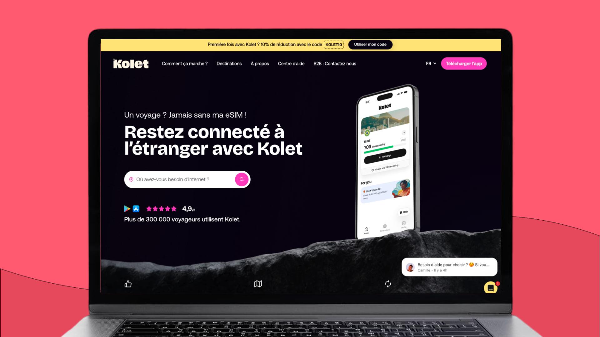 Page d'accueil du site Kolet fournisseur eSIM