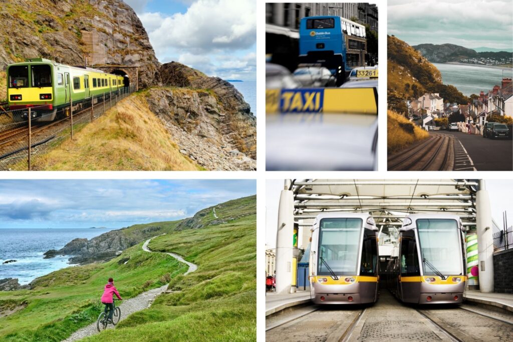 Tramway, train, taxi et femme à vélo en Irlande.