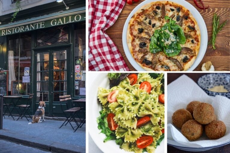 Pizza, pâtes, arancini et la façade d’un restaurant italien.