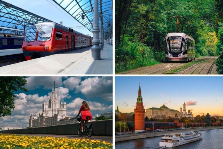 Transports publics en Russie : train, tramway, bateau et fille à vélo.