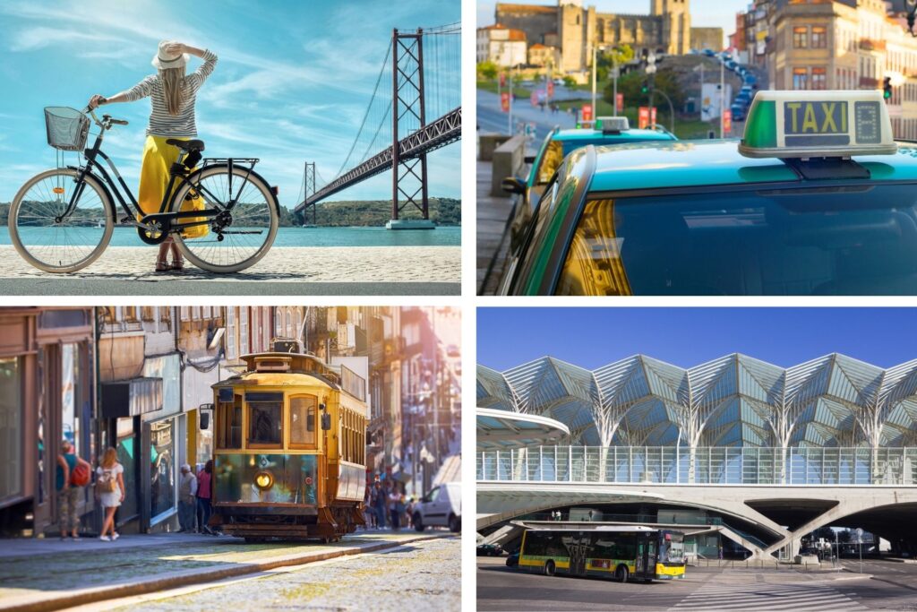Femme à vélo, taxis, tramway et bus au Portugal.