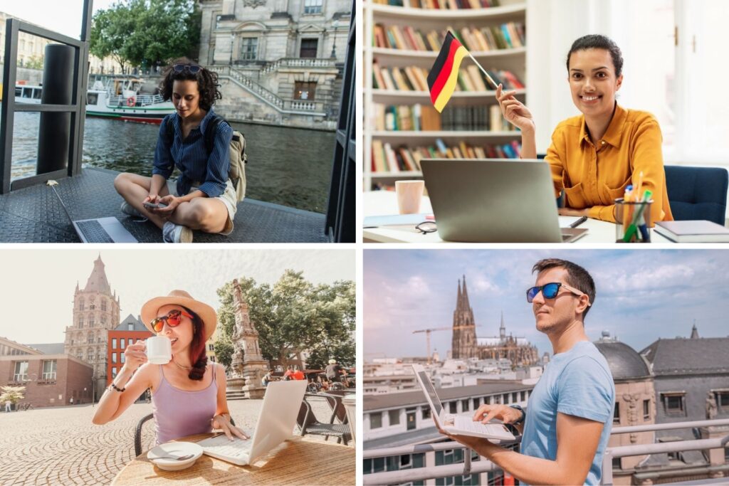 Nomades digitaux résidant en Allemagne avec un ordinateur portable, travaillant.