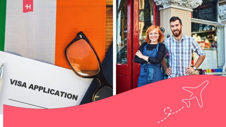Drapeau irlandais à côté d'un formulaire de visa et, sur une autre image, deux employés souriants à la porte d'un magasin.