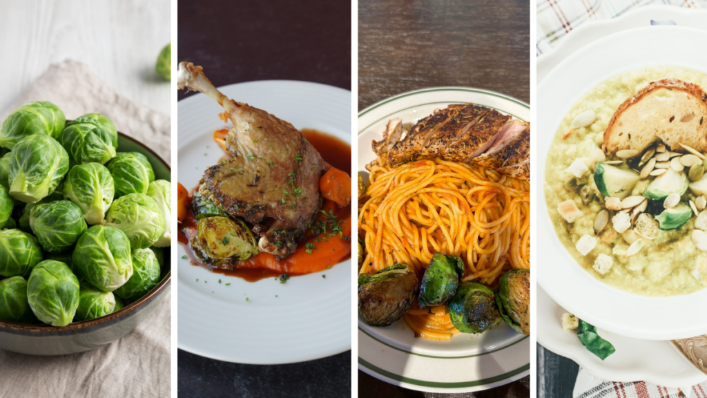 Ingrédients et plats traditionnels que vous pouvez trouver dans les supermarchés de Bruxelles : choux, spaghettis, soupe de légumes et canard frit.