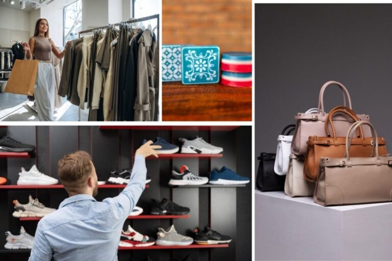 Femme faisant du shopping, homme choisissant des chaussures, une image avec des savons artisanaux et une autre photo avec des sacs de femme.