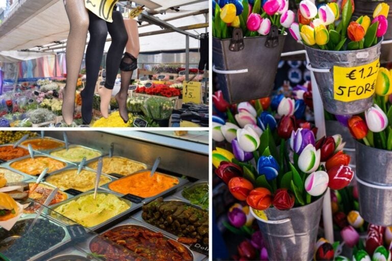 Stands du marché central d’Amsterdam avec fleurs, sauces et vêtements.