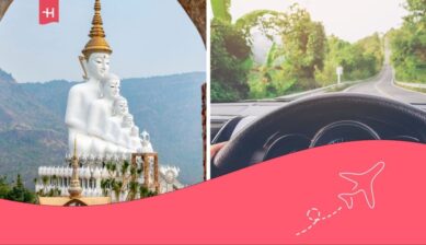 Sur une image, on voit un monument dédié aux bouddhas en Thaïlande et sur une autre, une personne conduisant une voiture sur une route thaïlandaise.