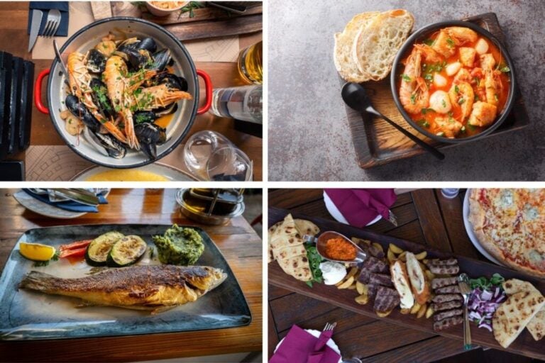 Plats typiques de la cuisine croate, bar, fruits de mer et viande