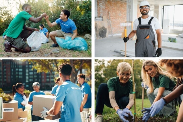 plusieurs volontaires participant à différents projets comme l’agriculture, la collecte de déchets ou les services de santé