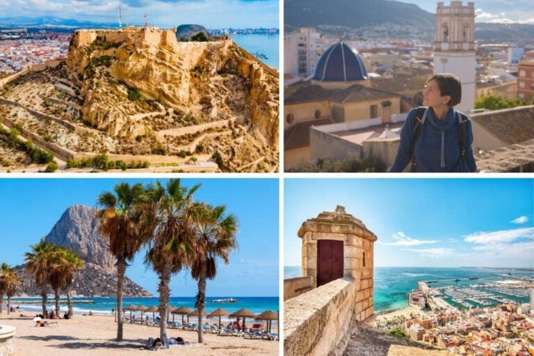 Plusieurs lieux touristiques d’Alicante : le château, la plage et la vieille ville.