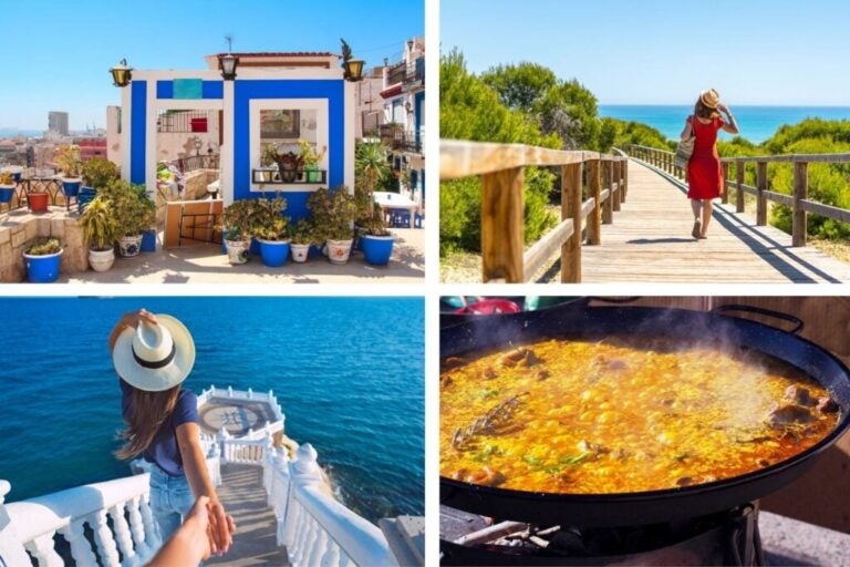 Paella valencienne, une jeune femme au mirador de Benidorm, une autre jeune femme vêtue de rouge sur les passerelles en bois de la plage et une petite maison bleue et blanche de la vieille ville.