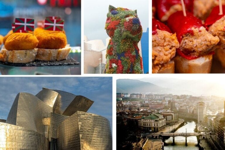 Musée Guggenheim, statue d’un chiot recouvert de fleurs, pintxos typiques de Bilbao et vue sur la ville.