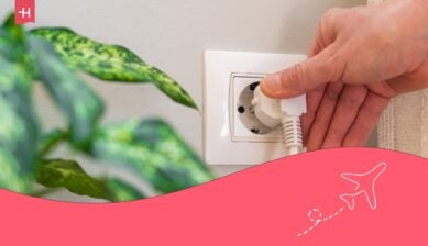 Main qui insère une prise électrique blanche dans une prise murale blanche égyptienne à côté d'une plante d'intérieur verte